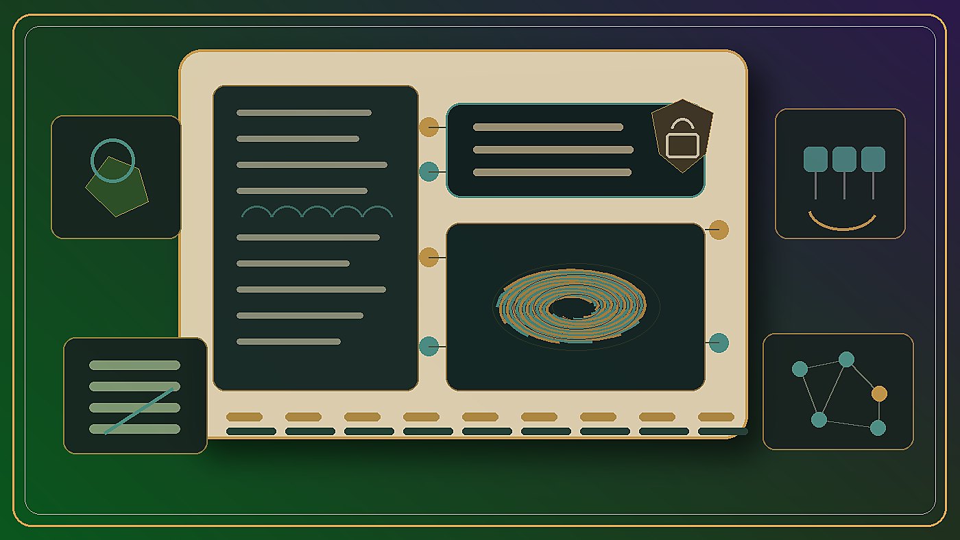 Abstract editorial image showing protected research notes, prompt boundaries, fluid-dynamics curves, and governance checkpoints