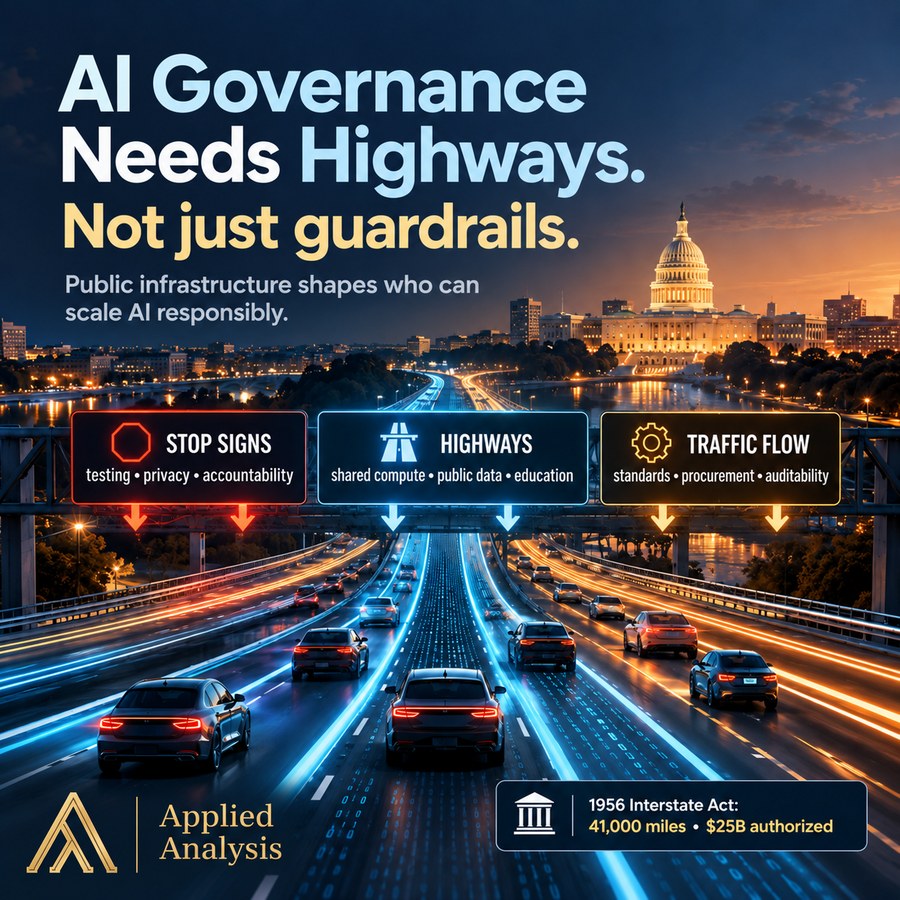 AI governance needs highways, not just guardrails, illustrated with public infrastructure, stop signs, highways, traffic flow, the 1956 Interstate Act, and the Applied Analysis logo