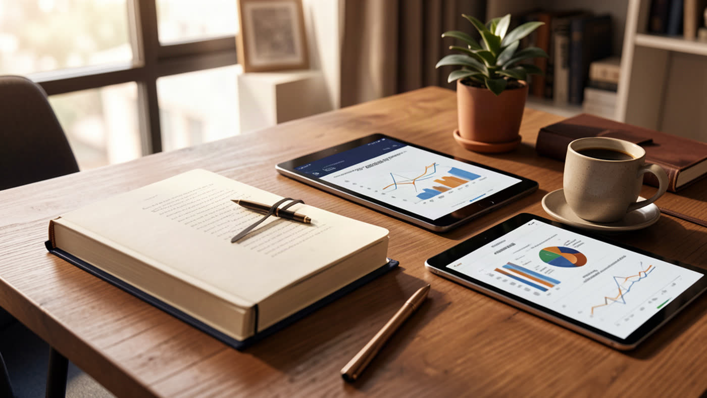 Desk with notebook, charts, and tablet in a warm editorial setting