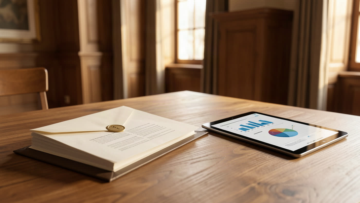 Secure documents and tablet on a refined desk, suggesting careful handling of private information